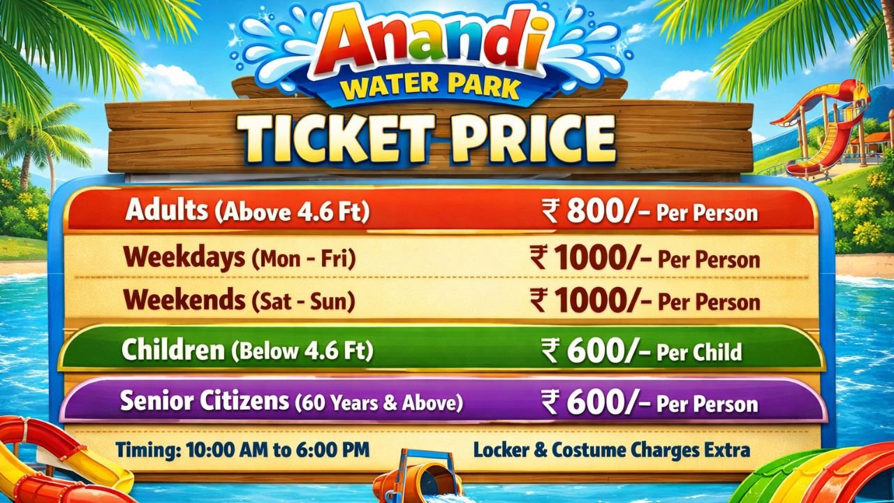 Anandi Water Park Ticket Price 2026: Entry Fee, Food Cost, Timings & Complete Guide