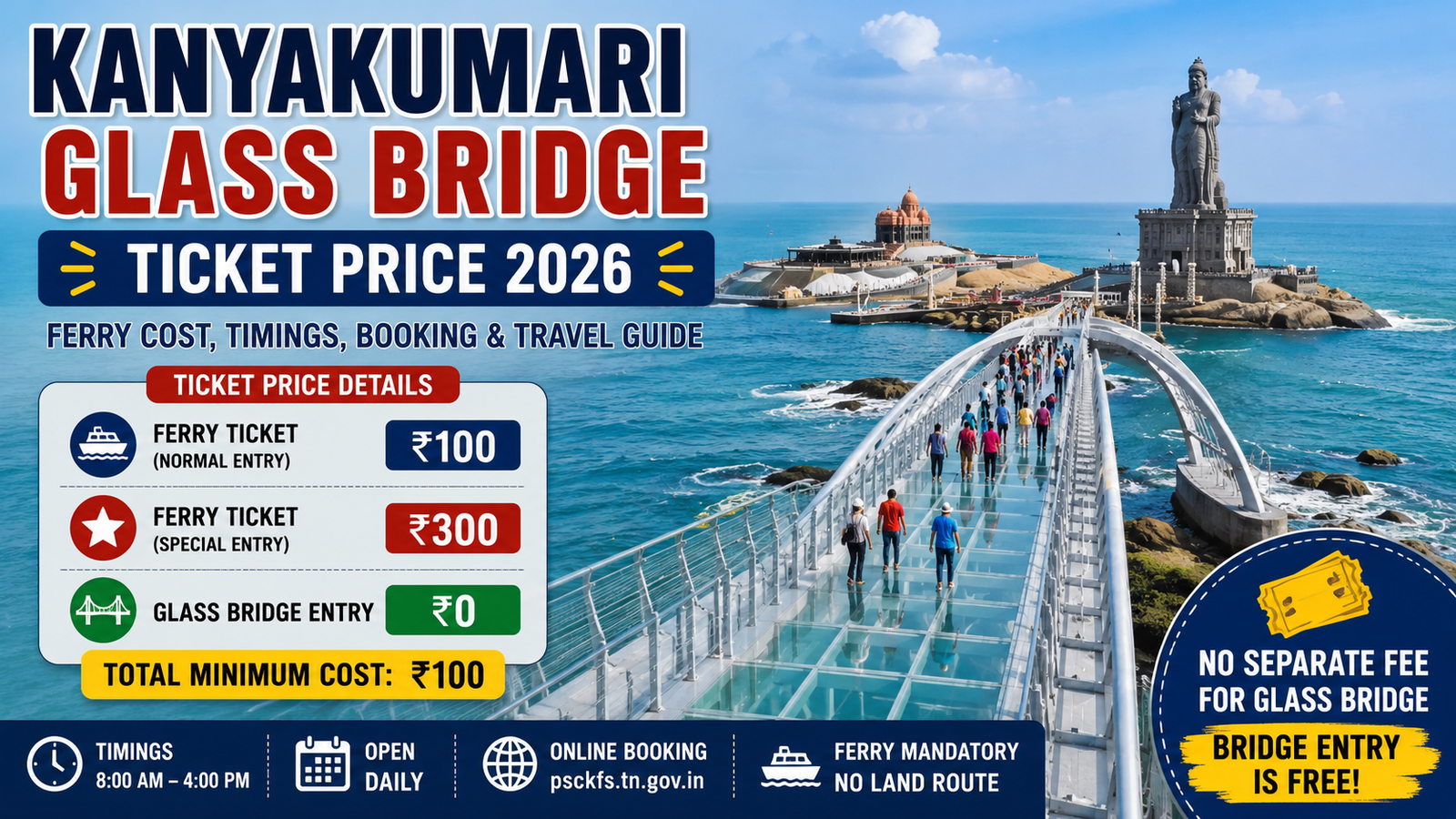 Kanyakumari Glass Bridge Ticket Price 2026: Ferry Cost, Timings, Booking & Travel Guide