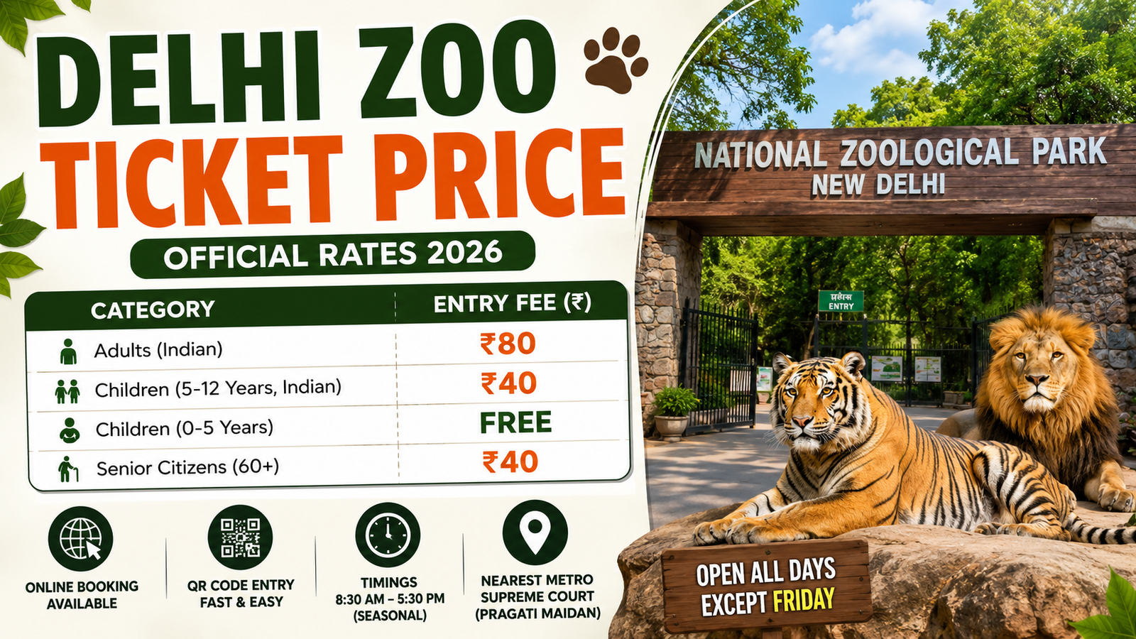 Delhi Zoo Ticket Price 2026: Official Rates, Timings & Online Booking Guide