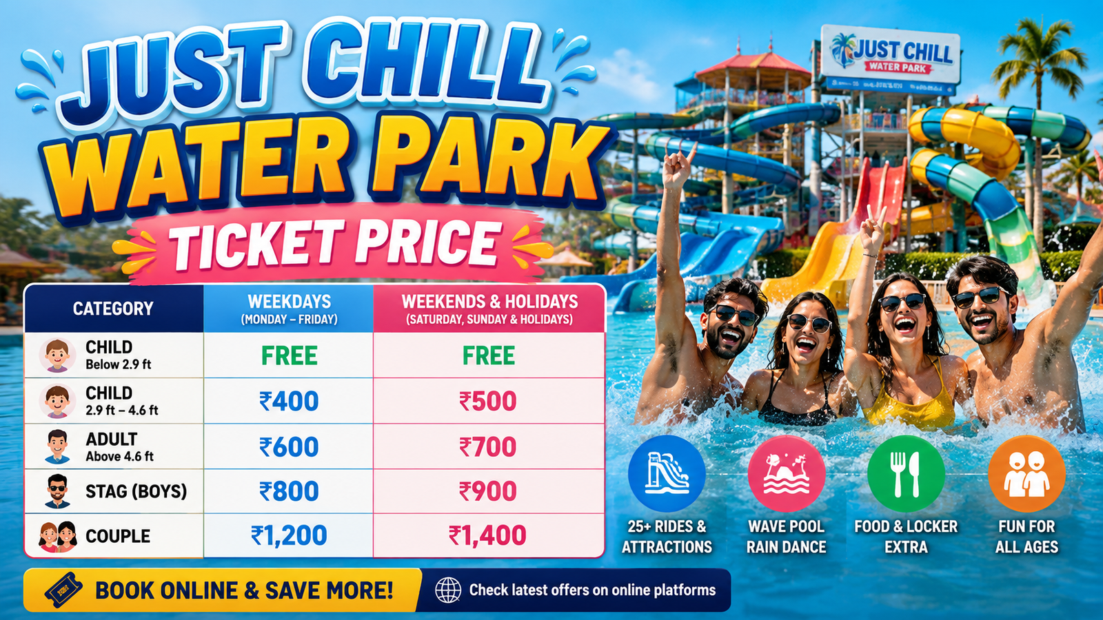 Just Chill Water Park Ticket Price 2026: Prices, Timings & Full Cost
